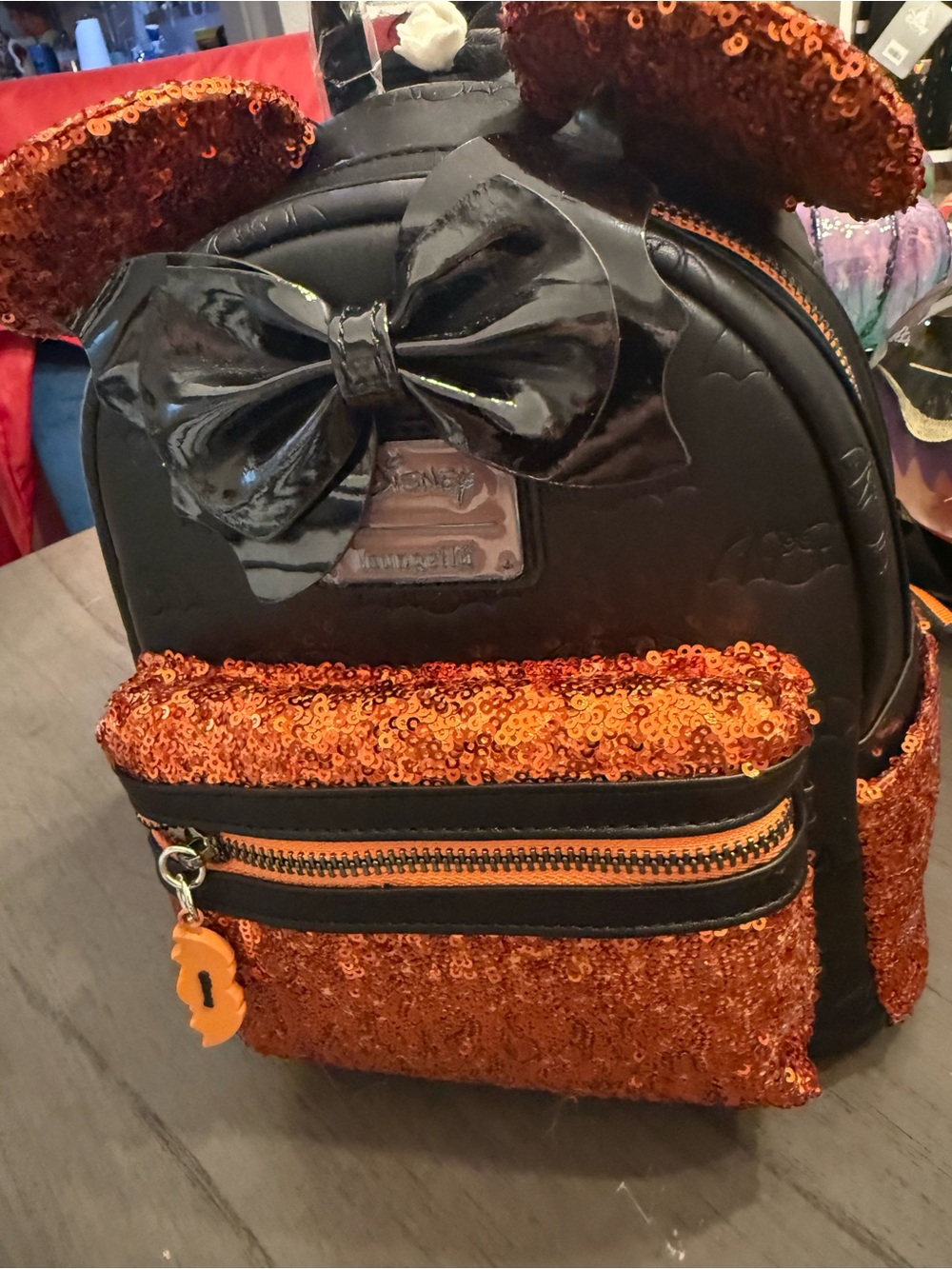 Loungefly Black and Orange Sequin Minnie Ears Mini Backpack